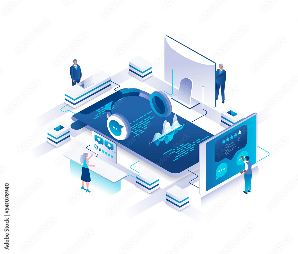 Aufkleber customer or technical support service isometric landing page. concept with tiny people working aroun