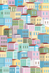 Vertical background with many colorful houses, flat vector, residential area, real estate