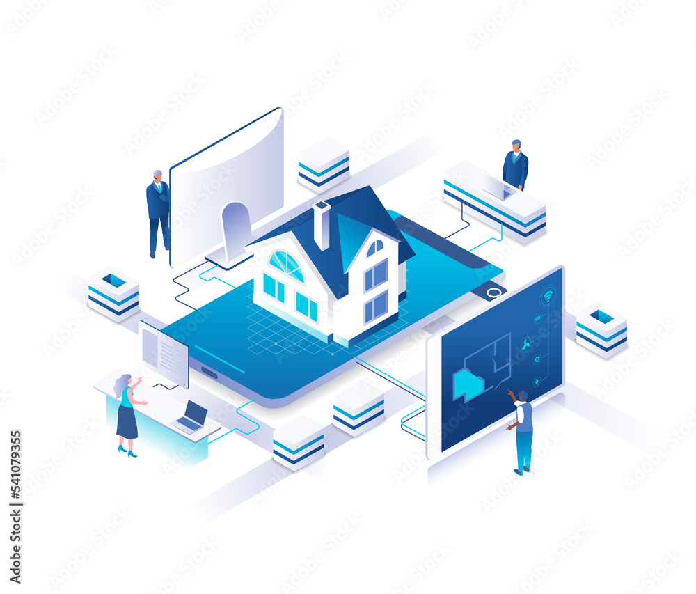 Aufkleber smart house system isometric landing page. concept of home automation or digital control technology 