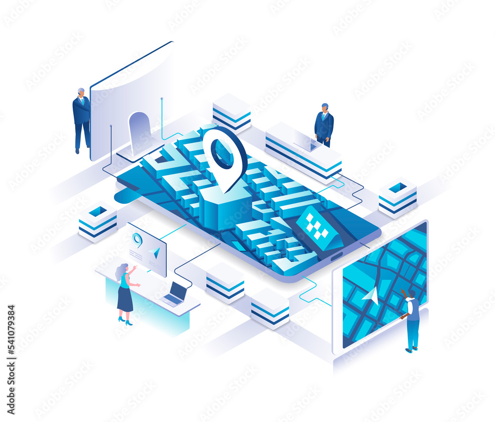Poster mobile application for taxi or cab booking service isometric landing page. concept with tiny people 