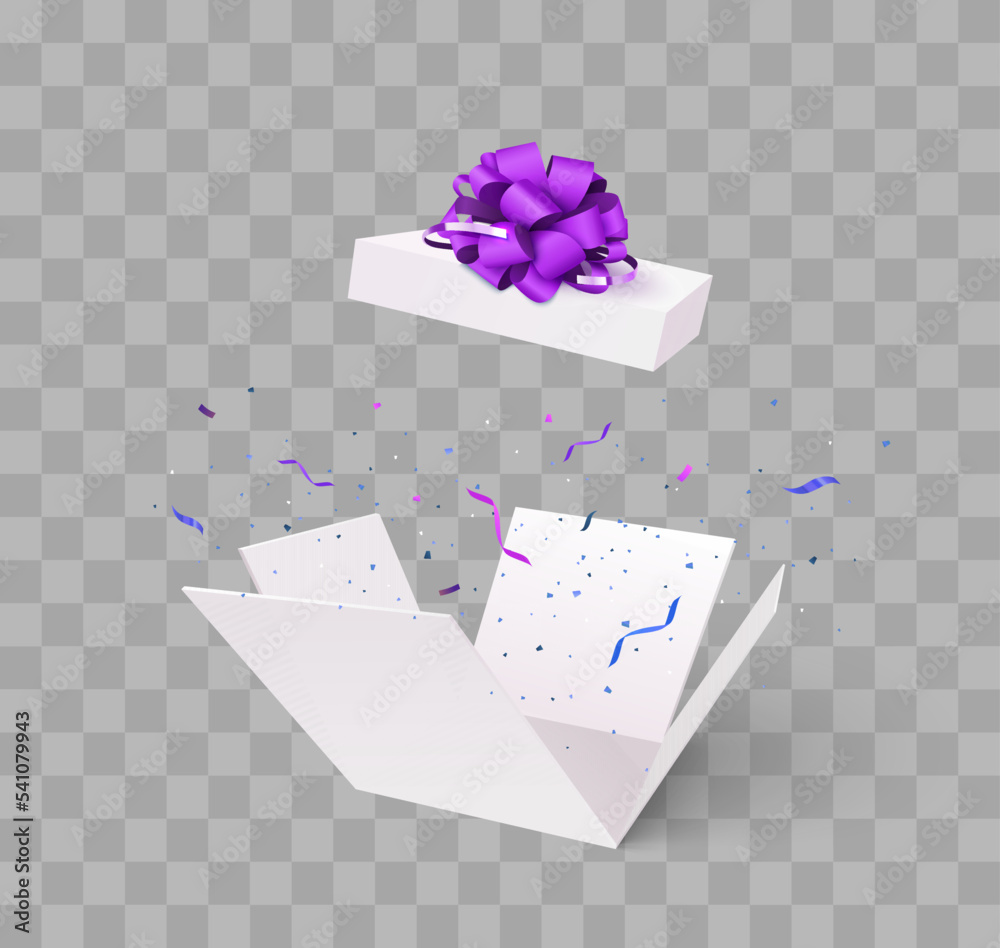 Sticker Open gift box with confetti burst explosion isolated. 3d vector background.