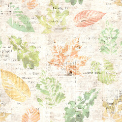 Newspaper paper with autumn watercolor leaf traces seamless pattern
