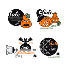 Halloween sale labels. Vector icons. Discount stickers. Pumpkins, cobwebs, bat.
