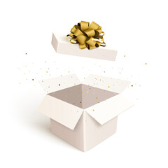 Open gift box with confetti burst explosion isolated. 3d vector background.