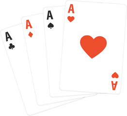 Set of four aces playing cards suits. Winning poker hand. Set of hearts, spades, clubs and diamonds ace. Illustration