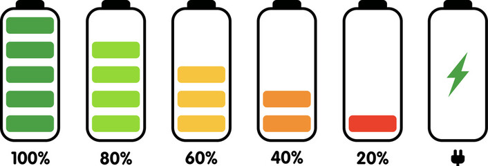 Set of icons of the information state of the battery. A set of indicators of the level of charge of the battery. Illustration.