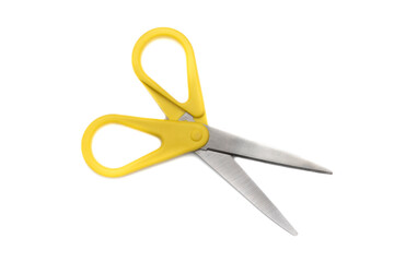 A scissors with yellow handle, isolated on white background. Stationery concept.