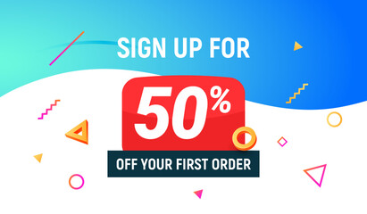 Coupon code discount 50 sign up advertising offer. Discount promotion tag flyer 50 percent off promo sale.