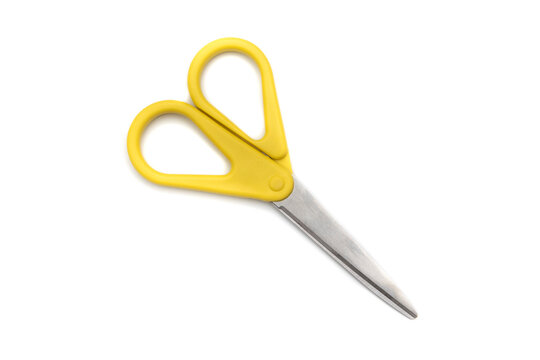 A scissors with yellow handle, isolated on white background. Stationery concept.