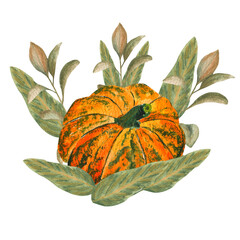 Watercolor composition pumpkin and autumn herbs, yellow leaves