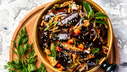 eggplant salad. Hot spicy stewed eggplant in Korean, with tomatoes, paprika, carrot, onion and garlic