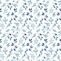 Seamless watercolor pattern with blue greenery for package, cover, wallpaper, wedding. Endless hand drawn pattern with indigo branches on white background.