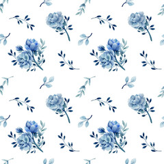 Seamless watercolor pattern with blue flowers and greenery for package, cover, wallpaper, wedding. Endless hand drawn pattern with indigo blue roses, peonies, eucalyptus on white background.