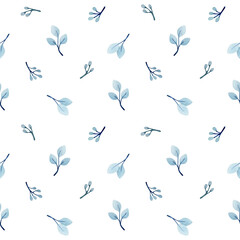 Simple seamless watercolor pattern with blue leaves for package, cover, wallpaper, wedding. Endless hand drawn pattern with blue branches on white background.