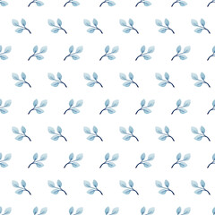 Obraz na płótnie Canvas Simple seamless watercolor pattern with blue leaves for package, cover, wallpaper, wedding. Endless hand drawn pattern with blue branches on white background.