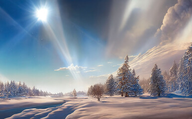 Beautiful winter landscape.  Majestic white spruces glowing by sunlight. Picturesque and gorgeous wintry scene. 