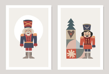 Retro Christmas greeting cards, invitations set. Smiling, grinning Nutcracker. Men with beards and uniform. Abstract geometric decorative elements. Christmas tree. Winter vector ilustration background