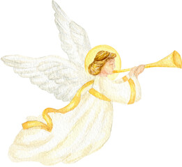 Christmas angel watercolor illustration, Christian Nativity angel with wings isolated on transparent background PNG, design for religious baptism invitation, greeting card