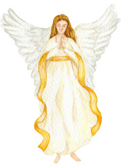 Christmas angel watercolor illustration, Christian Nativity angel with wings isolated on...