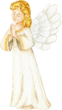 Christmas angel watercolor illustration, Christian Nativity angel with wings isolated on transparent background PNG, design for religious baptism invitation, greeting card
