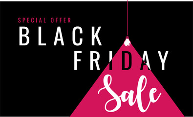 Black friday sale background, banner, poster or flyer design. Vector illustration in minimalist style with sale inscription in the light of a lamp. Concept of sale, clearance and discount.