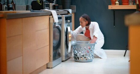 Washing machine, laundry and woman cleaning clothes, fabric and housekeeping with basket for fresh home. Young girl loading clothing, linen and dryer with electrical appliance for routine life tasks