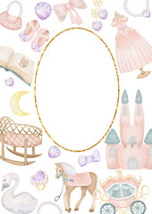 Frame, baby shower girl card template, princess girl birthday card, watercolor princess elements illustration