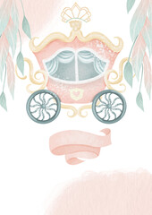 Fototapeta na wymiar Baby shower girl card template, princess girl birthday card, watercolor princess carriage illustration