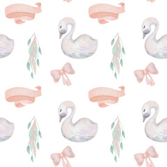 Seamless pattern of watercolor fairy tale princess swan, illustration on a white background © nastyasklyarova