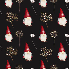 Christmas scandinavian gnomes, winter trees and cotton flowers seamless pattern, hand drawn illustration on a dark background