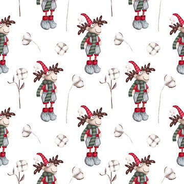 Christmas Deer and cotton flowers seamless pattern, hand drawn illustration on a white background