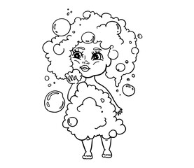 African american Girl in a bath foam blowing soap bubbles from a hand. Cartoon black vector outline illustration. Design for children products, books, coloring pages.