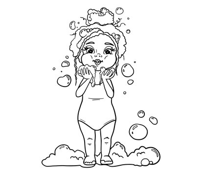 Girl kid bathing - little girl in a swimsuit blowing soap bubbles from bath foam. Cartoon black vector outline illustration. Design for children products, books, coloring pages.