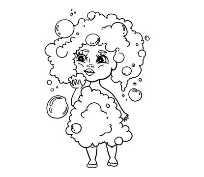 African american Girl in a bath foam blowing soap bubbles from a hand. Cartoon black vector outline illustration. Design for children products, books, coloring pages.