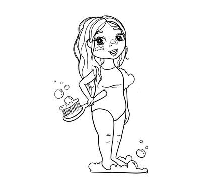 Kid bathing - little girl in a swimsuit and soap bubbles from bath foam hold a hair brush. Cartoon black vector outline illustration. Design for children products, books, coloring pages.