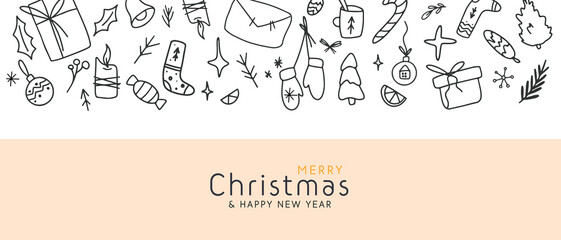 Horizontal border ornament Merry Christmas Happy New Year with hand drawn winter element banner