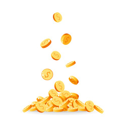 Golden coins falling down in the great pile or stack of money. 3d vector realistic render dollar coins isolated on white background. Casino, jack pot, gold mine wealth, cash back concept.