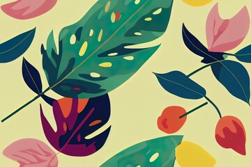 Trendy and colourful of Summer fruits Lemon and monstera leaves brushed strokes style, seamless pattern 2d illustration ,Design for fashion , fabric, textile, wallpaper, cover, web , wrapping and all