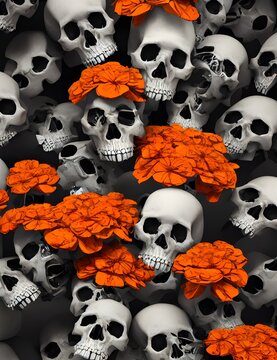skulls and marigold, Day of the Dead, mexico, sugar skull, 3d illustration, 3d render