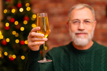 an elderly man in a green knitted sweater raising a toast with champagne near the Christmas tree