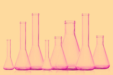 laboratory flasks, multi color, illumination, chemical tests, pink, medical equipment, transparent...