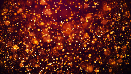 Golden red glow particles flicker and float in viscous liquid with amazing bokeh. Fantastic background. Gold magical sparkles of light form abstract structures. 3d render