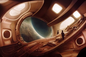 An alien spaceship interior featuring sci-fi cryogenesis machines, portholes on space view. 3D illustration.