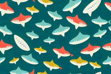 Fototapeta premium 2d illustration Seamless pattern with shark illustrations and slogan text, for t shirt prints and other uses.