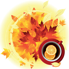 Autumn Sale Vector Illustration with Falling Leaves on light yellow background and cup of tea mit Zitrone. with round elements for Special Offer, for Coupon, Banner, Flyer, Poster or textile design