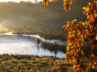 Morning View of the Rumba Falls. Autumn landscape. Kuldiga, Latvia. Selective focus. - obrazy, fototapety, plakaty