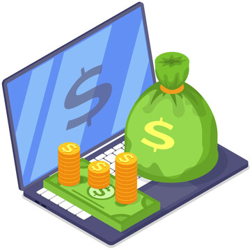 Make Money Online With Laptop And Internet, Getting Paid From Computer. Opened Laptop, Bag With Cash And Gold Coins. Excellent Income And Wages. Successful Paying Jobs Or High Salary Career