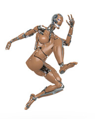 cyborg girl is jumping in action on white background