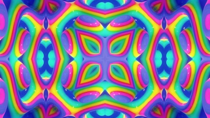 3d render. Abstract background simmetrical 3d liquid pattern with bright gradient color transition. Liquid kaleidoscope with viscous liquid waves and glitter on surface. Wavy rainbow pattern