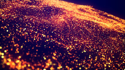 Fototapeta na wymiar Abstract bg, golden magic glitters fly in air form beautiful swirls. Fiery sparkles float in viscous liquid. Sparkles in flow of turbulence force. 3d render